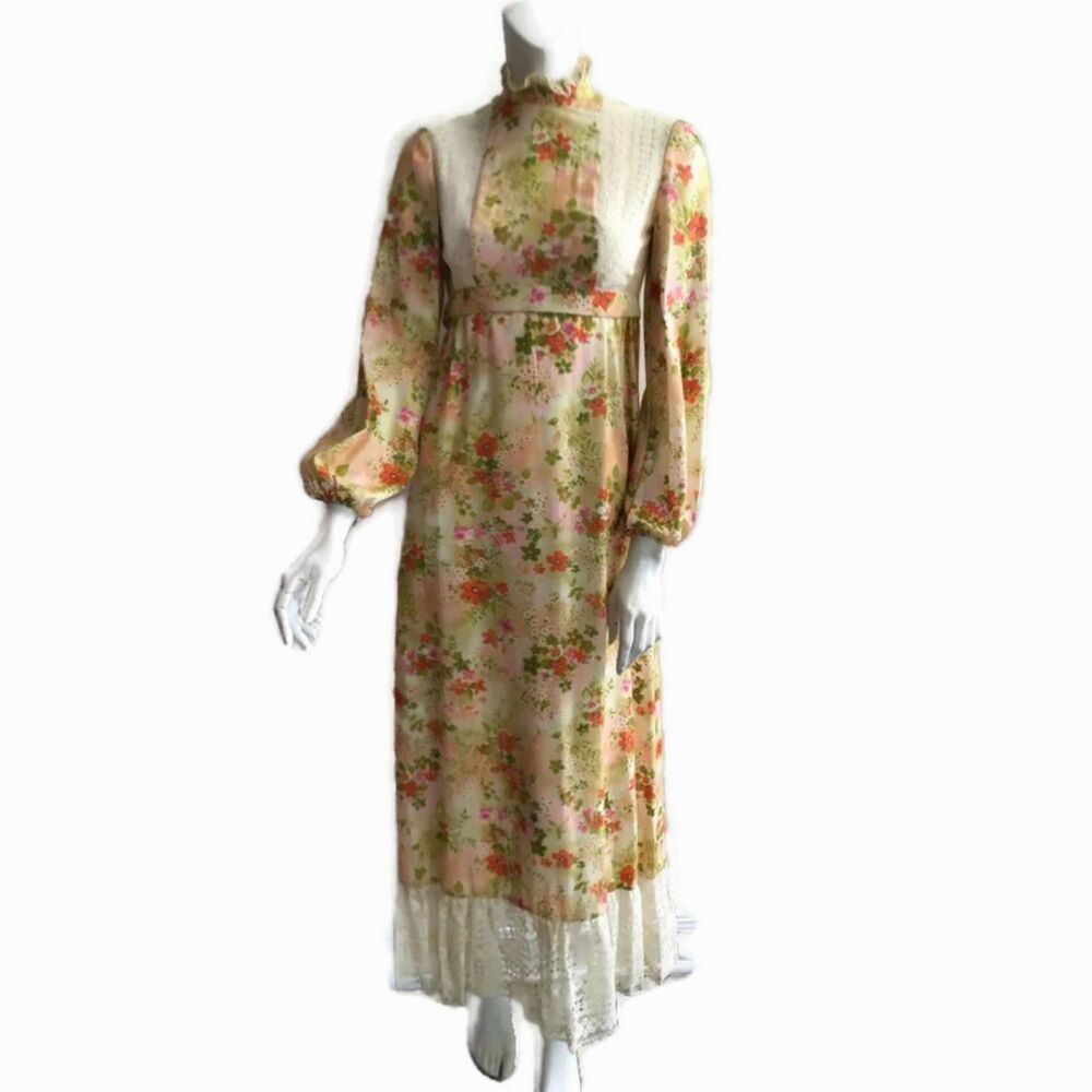 Vintage 60's/70's Lanz Of Salzburg Peasant Dress - Yellow Floral/Lace